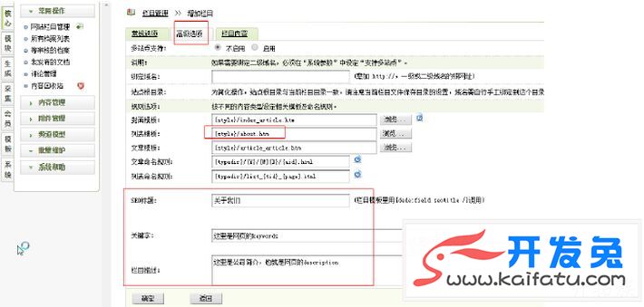 填写织梦栏目的高级选项