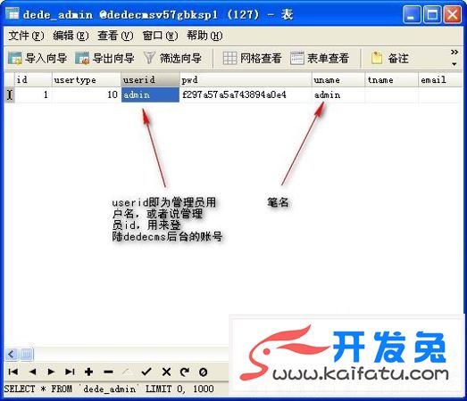 图-2 使用Navicat修改DedeCMS管理员用户名